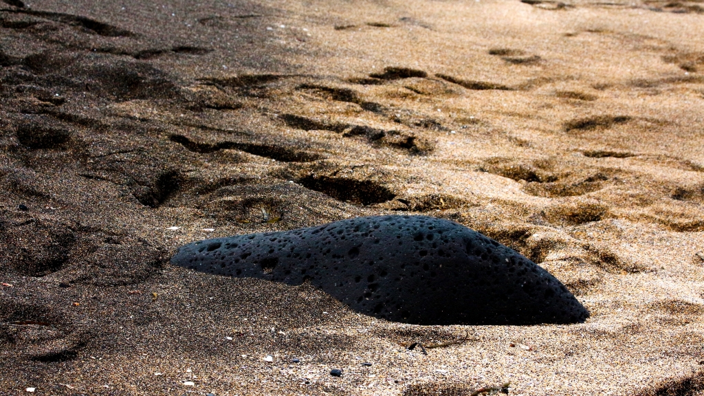 Photo of a smooth black rock emerging from beach sand that is, on one side of the rock, blackish, and on the other pale yellow. 